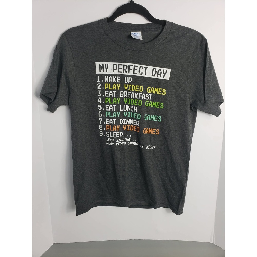 Port & Company "My Perfect Day" Video Games Graphic T-Shirt Youth Large Gray Tee